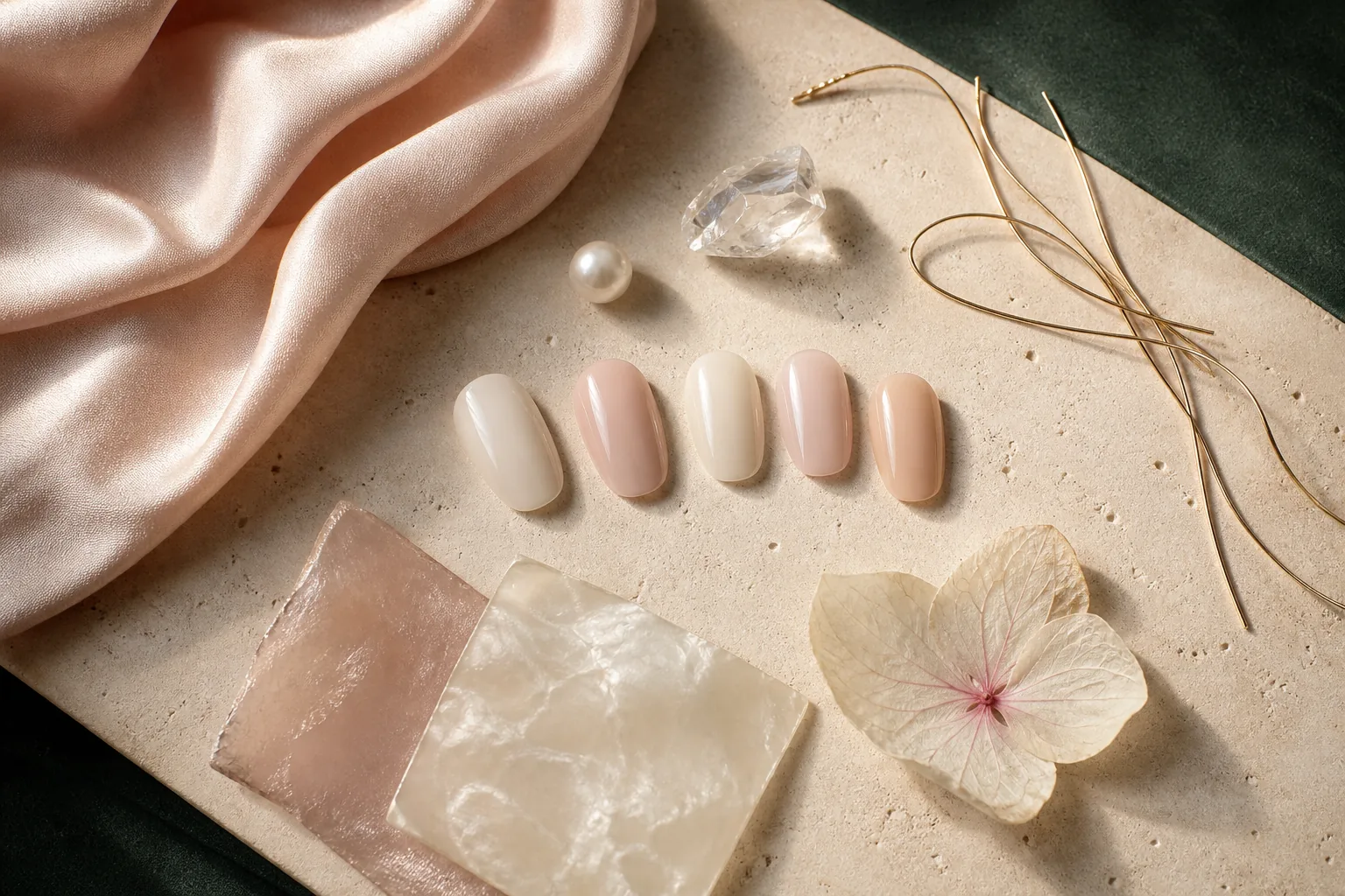 Mirelle original rosewater and champagne-gold nail design moodboard